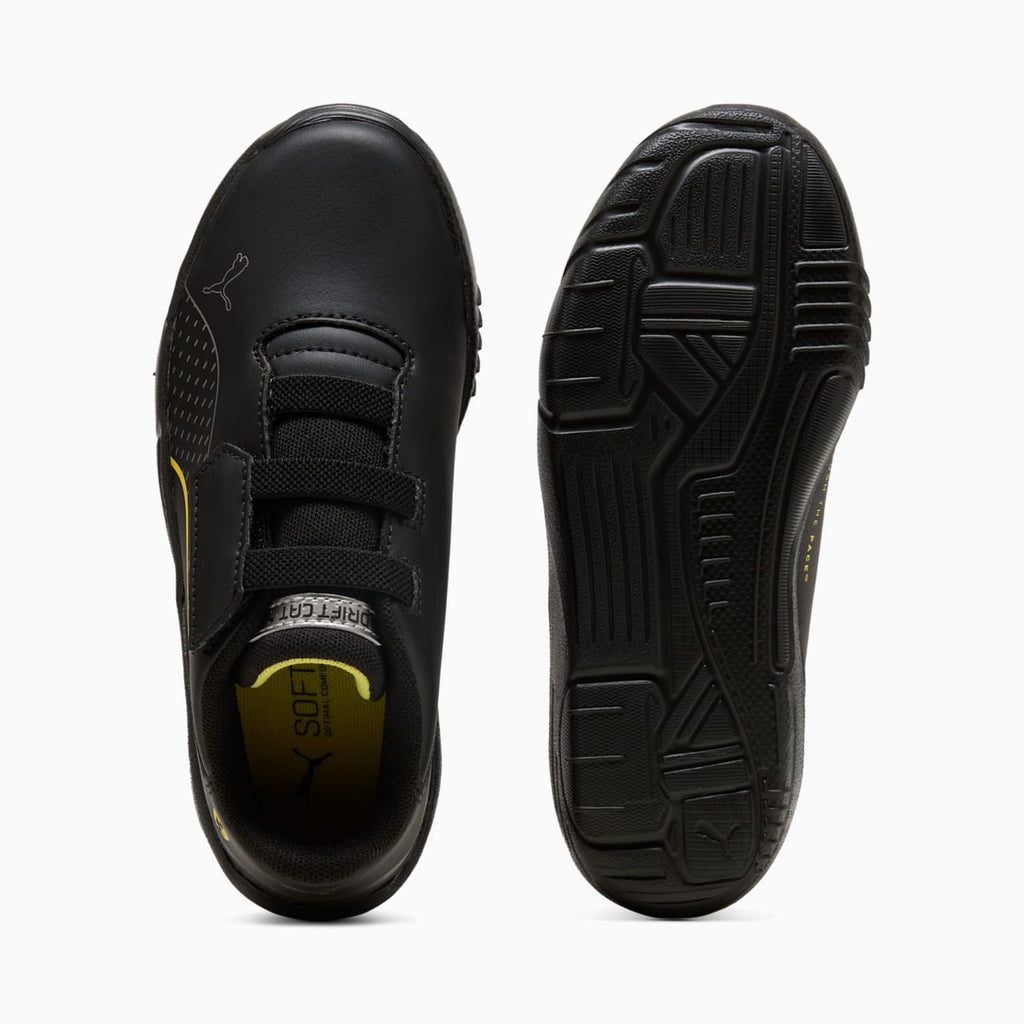 Ferrari Drift Cat 11 AC+ Kids' Shoes - PUMA Black-Sp - Top View and Outsole