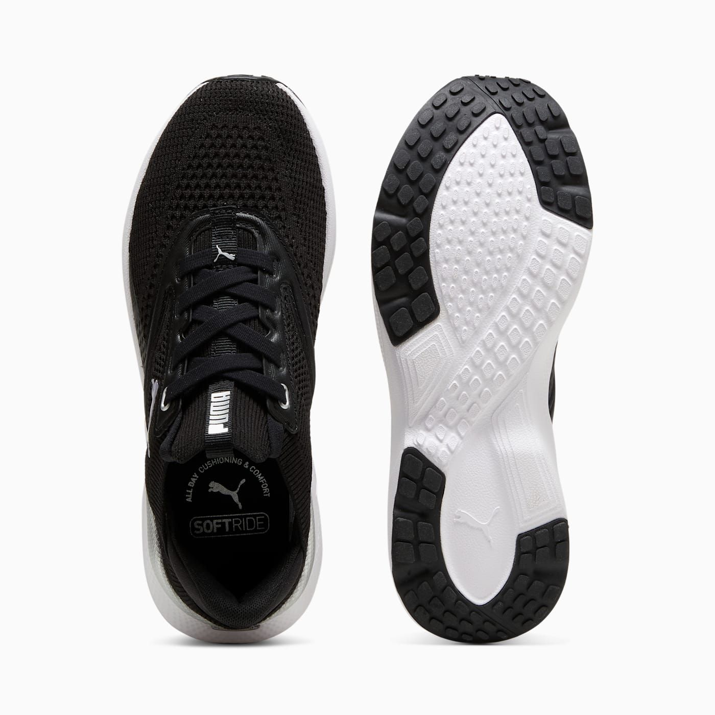 Softride Mayve Women's Shoes - PUMA Black-PUMA Whit - Top View and Outsole
