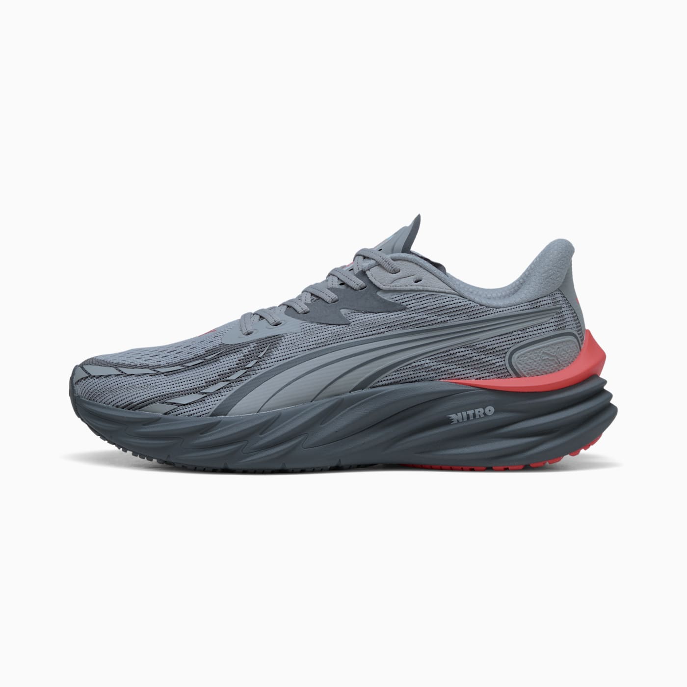 Velocity NITRO 4 Men's Shoes - Gray Echo-Red Glamour - Side Profile - Lateral