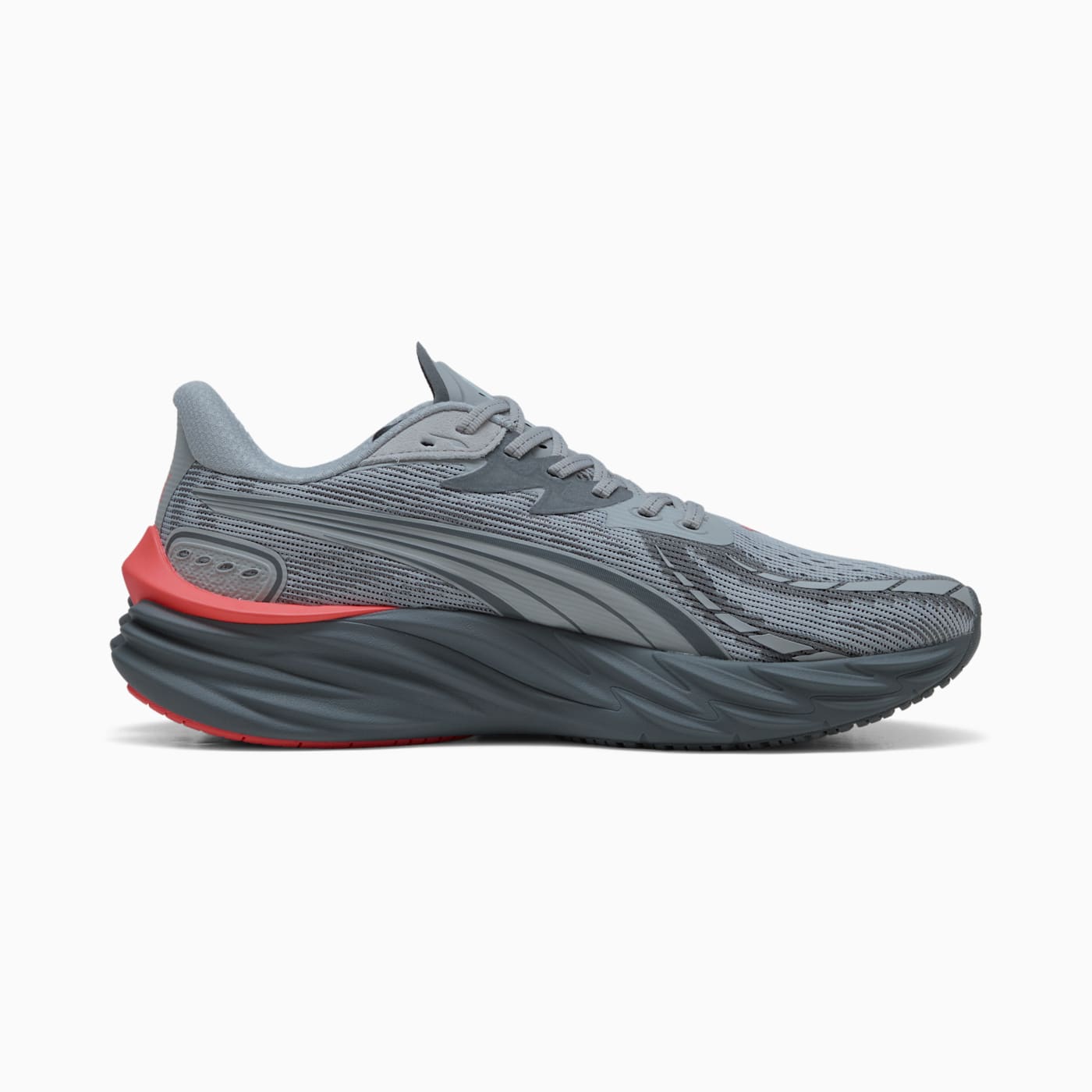 Velocity NITRO 4 Men's Shoes - Gray Echo-Red Glamour - Side Profile - Medial