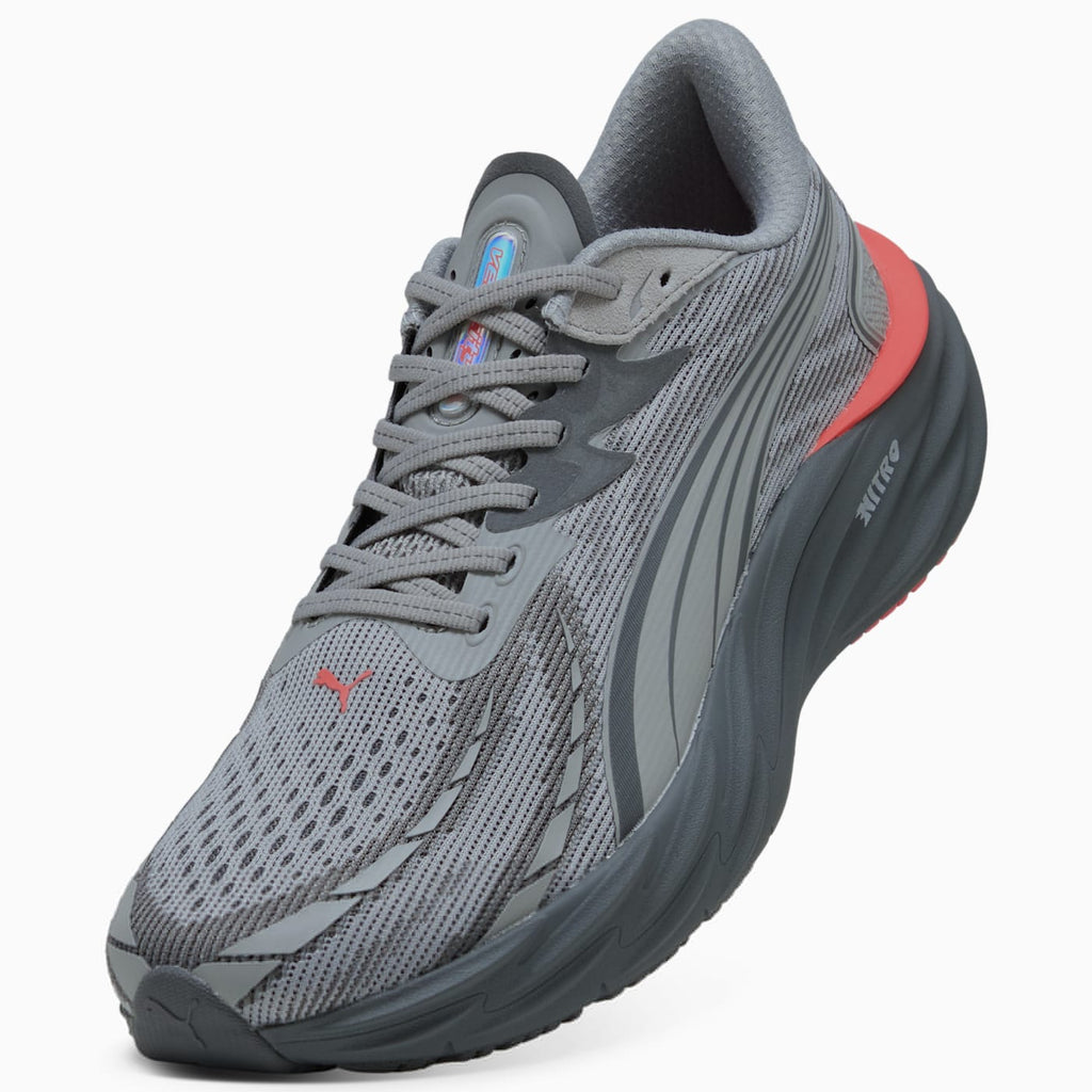 Velocity NITRO 4 Men's Shoes - Gray Echo-Red Glamour - Angled Studio / Lifestyle Shot