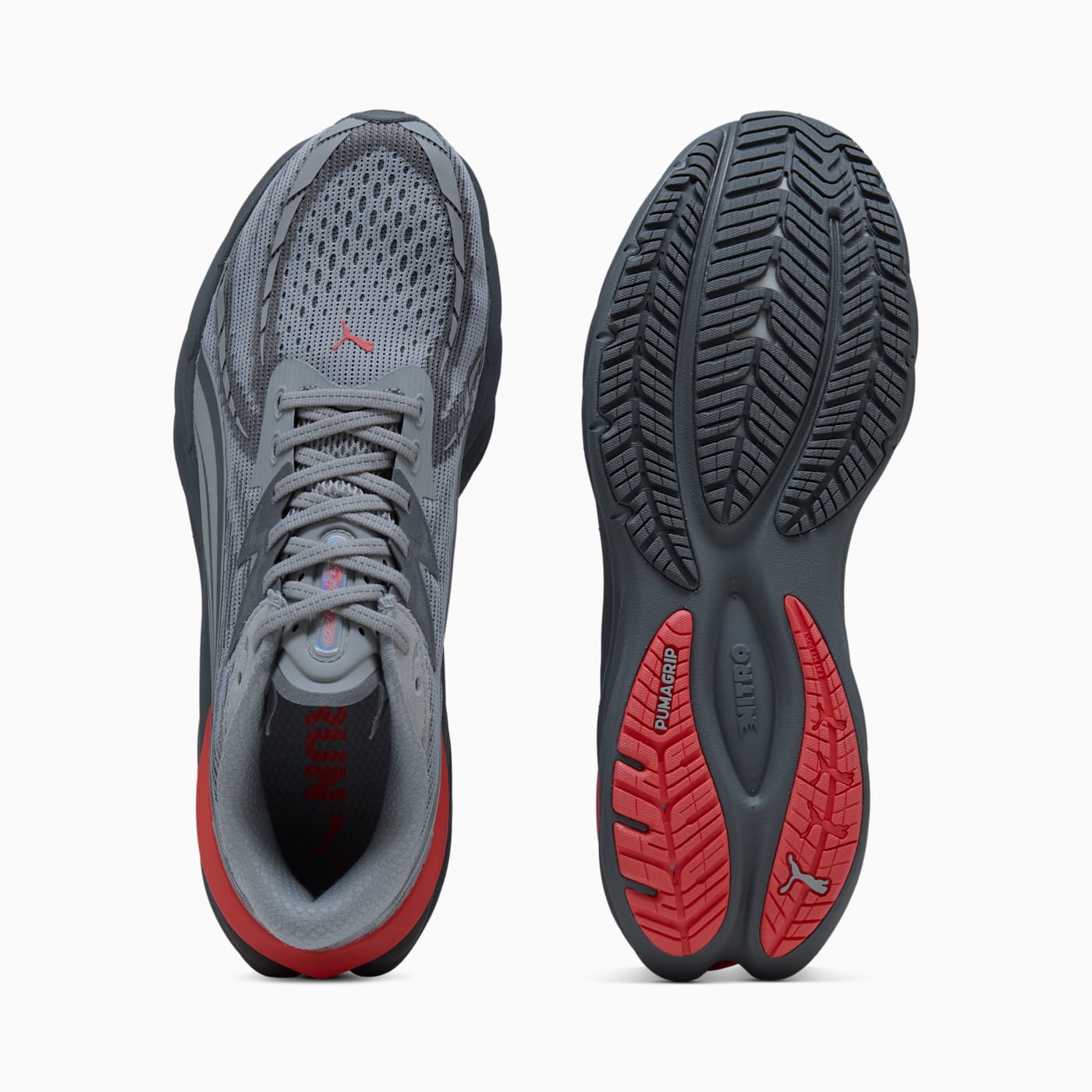 Velocity NITRO 4 Men's Shoes - Gray Echo-Red Glamour - Top View and Outsole