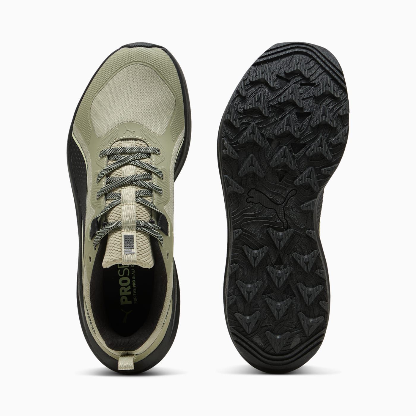 Flare Pro Trail Men's Shoes - Lux Army-PUMA Black-Appl - Top View and Outsole