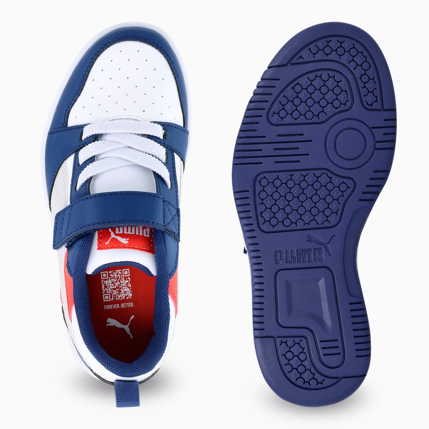 PUMA Rebound V6 Lo AC+ Kids' Shoes - Blue Jewel-Fea - Top View and Outsole