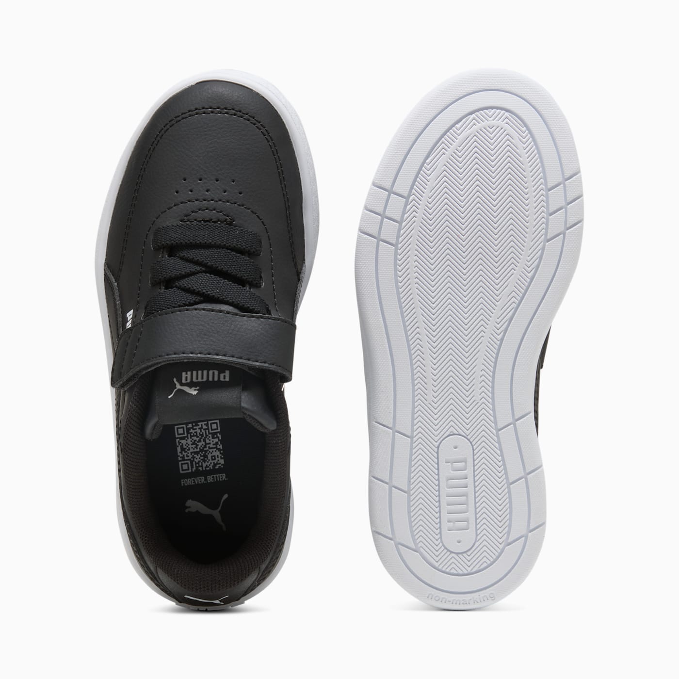 Court Classic Clean AC+ Kids' Shoes - PUMA Black-PU - Top View and Outsole