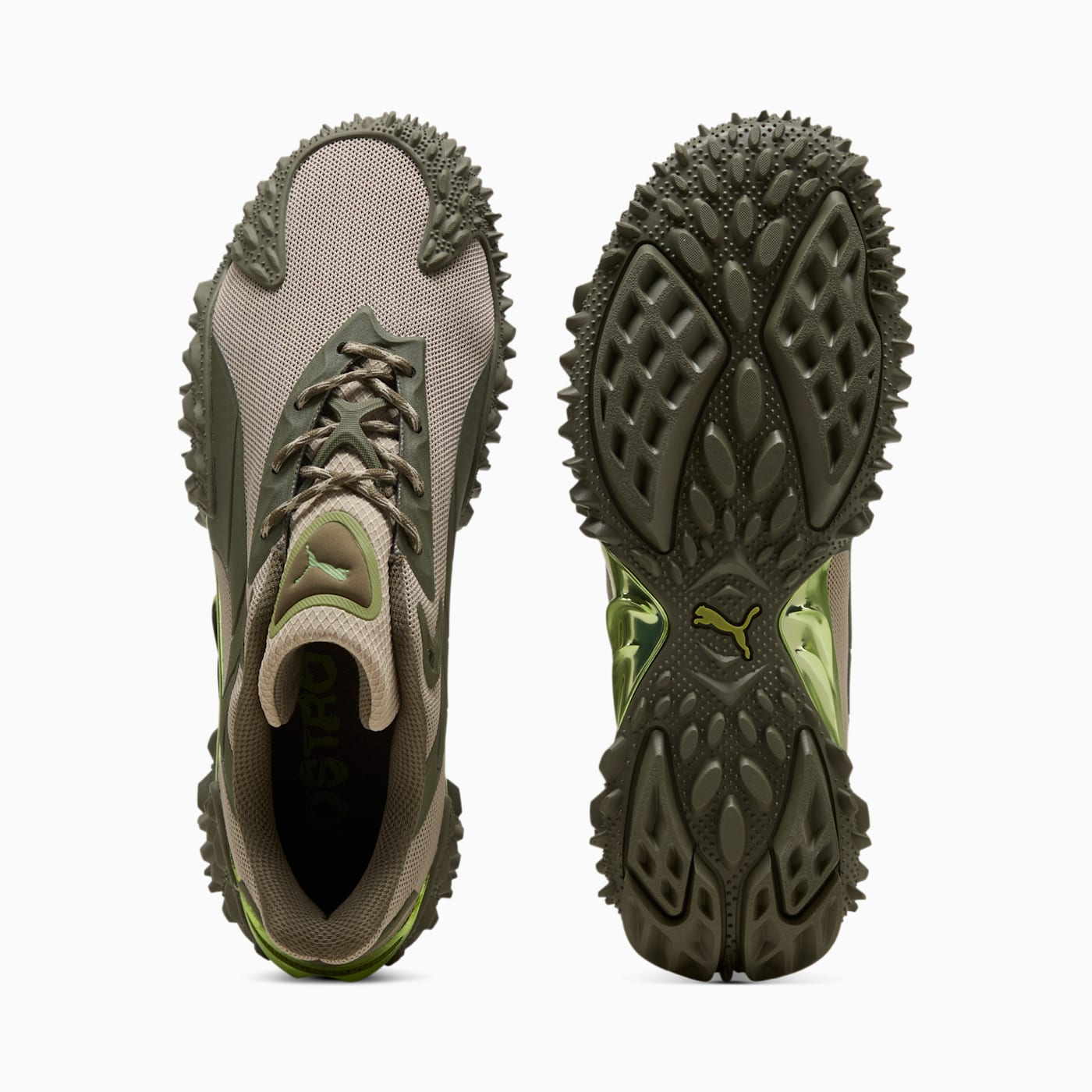 Mostro X Dots Men's Shoes - Pebble Gray-Loden Green - Top View and Outsole
