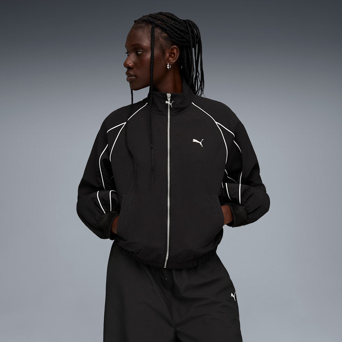 T7 Balloon-Sleeve Piping Relaxed Woven Track Jacket Women - PUMA Black model image