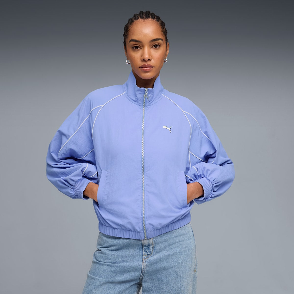 T7 Balloon Sleeve Piping Relaxed Woven Top model image