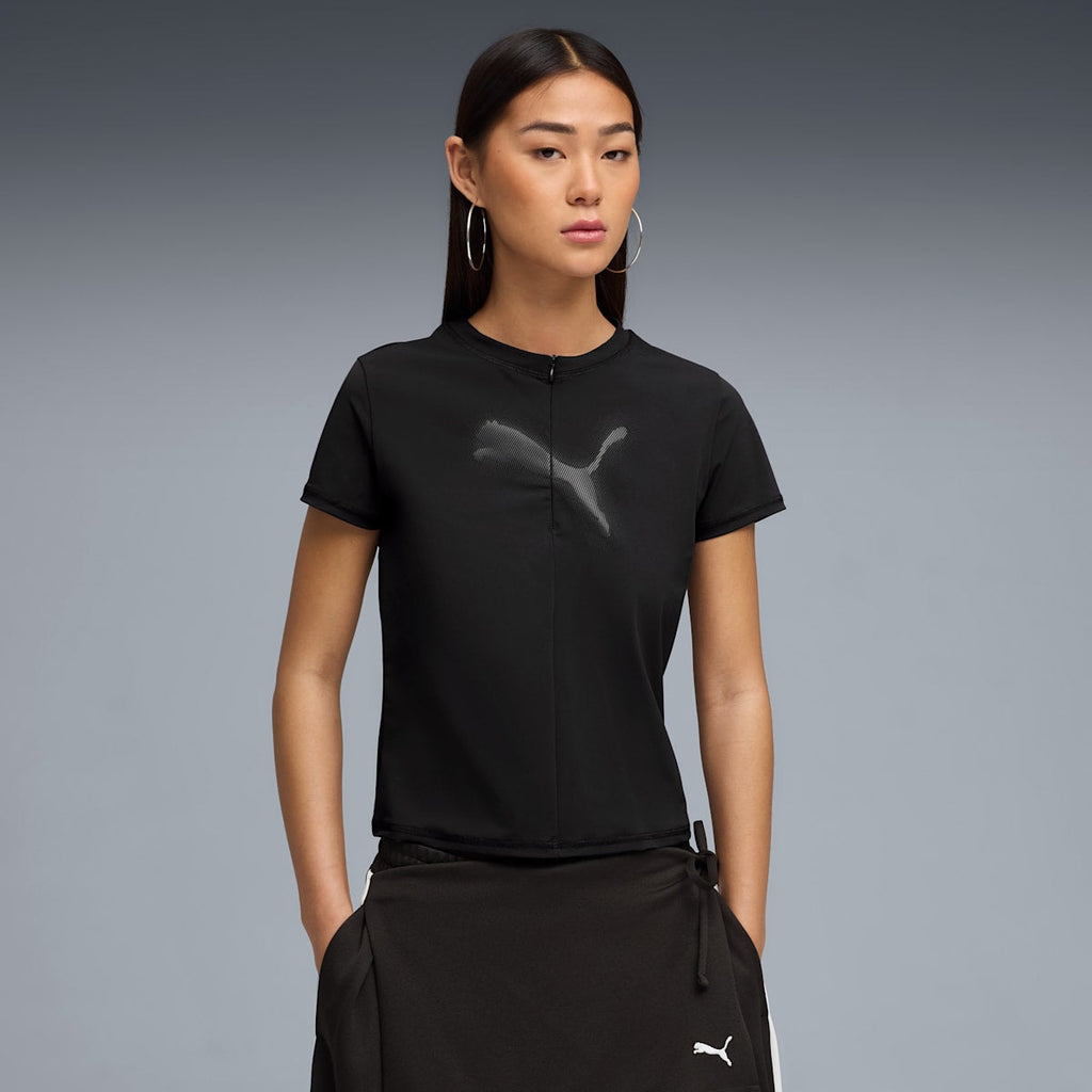 DARE TO Slim Half-Zip Warp-Knit Graphic Top Women - PUMA Black model image