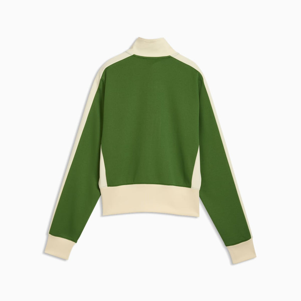 T7 Women's Retro Track Jacket - Earthy Green-Buttercream - back on white background