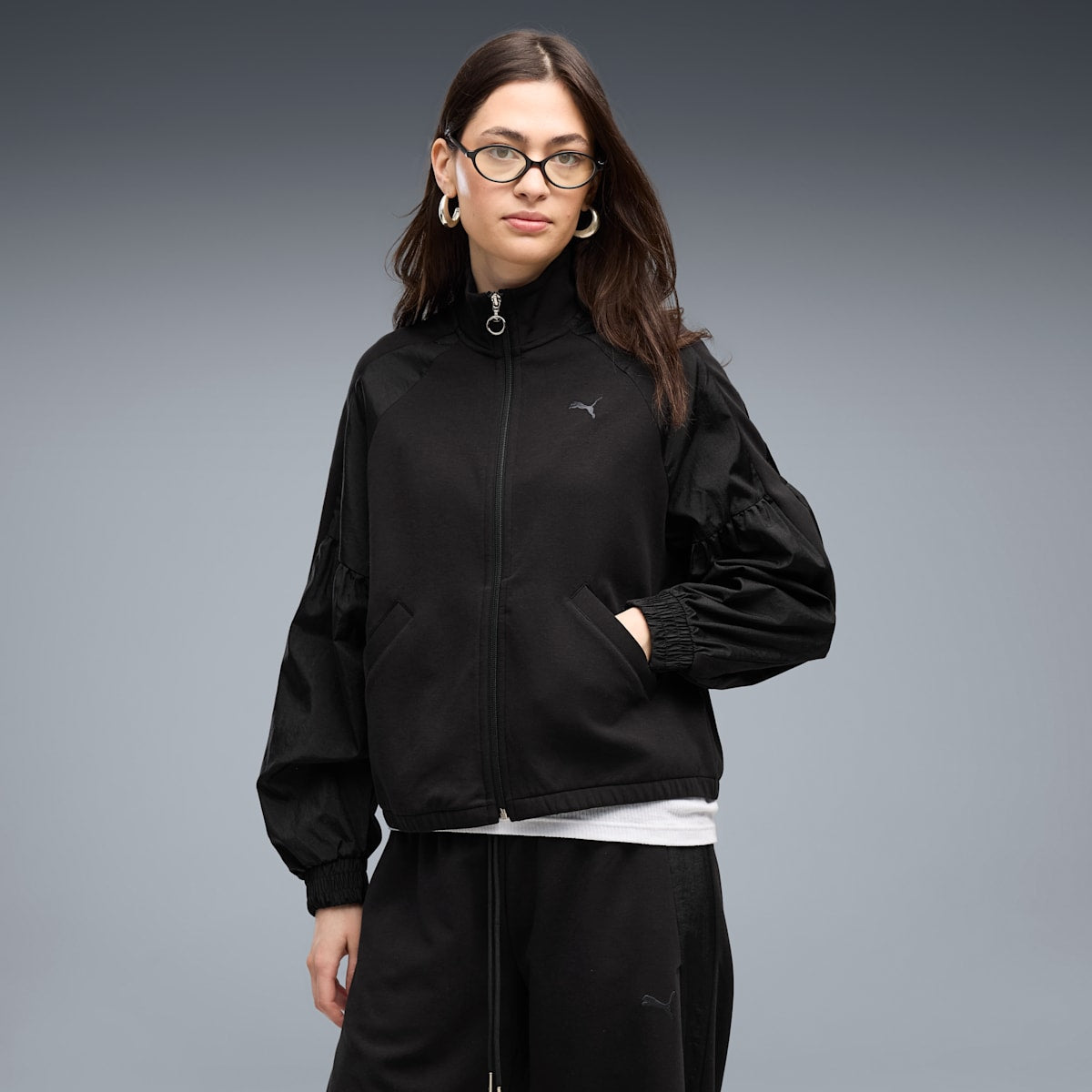 HER Relaxed Full-Zip Jacket Women - PUMA Black - on model
