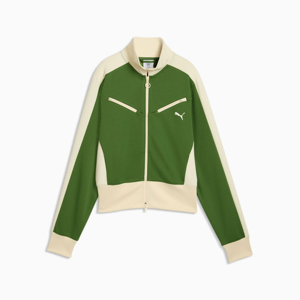 T7 Women's Retro Track Jacket - Earthy Green-Buttercream - front on white background