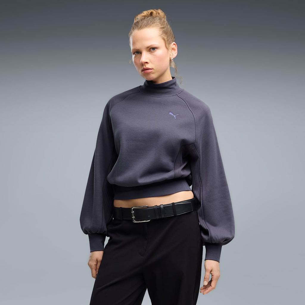 HER Relaxed Mock Neck Crew Women's Sweatshirt - Inky Depths - on model