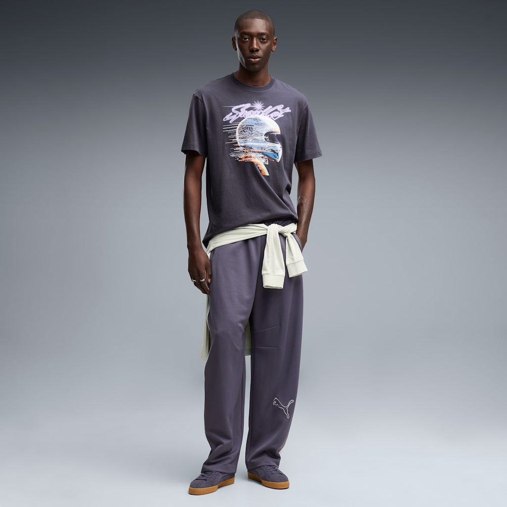 T7 Love Of The Cat Men's Barrel Track Pants - Inky Depths-Créme De Mint - on model