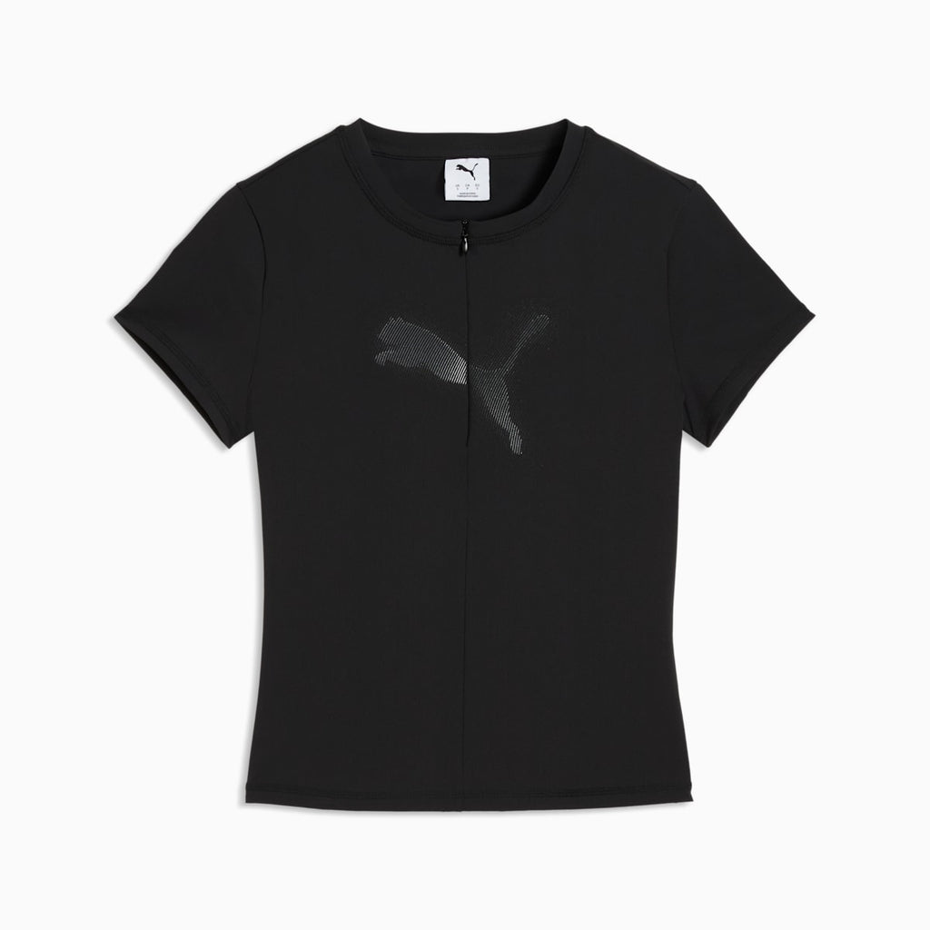 DARE TO Slim Half-Zip Warp-Knit Graphic Top Women - PUMA Black front view
