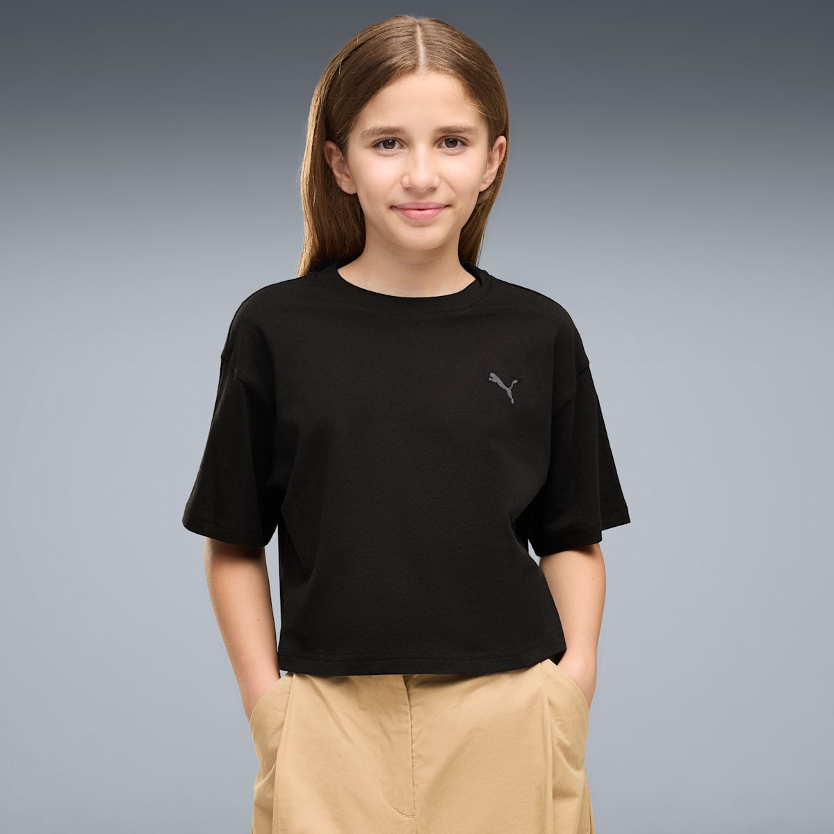 PUMA Class Relaxed Cropped Graphic Tee Youth - PUMA Black - on model