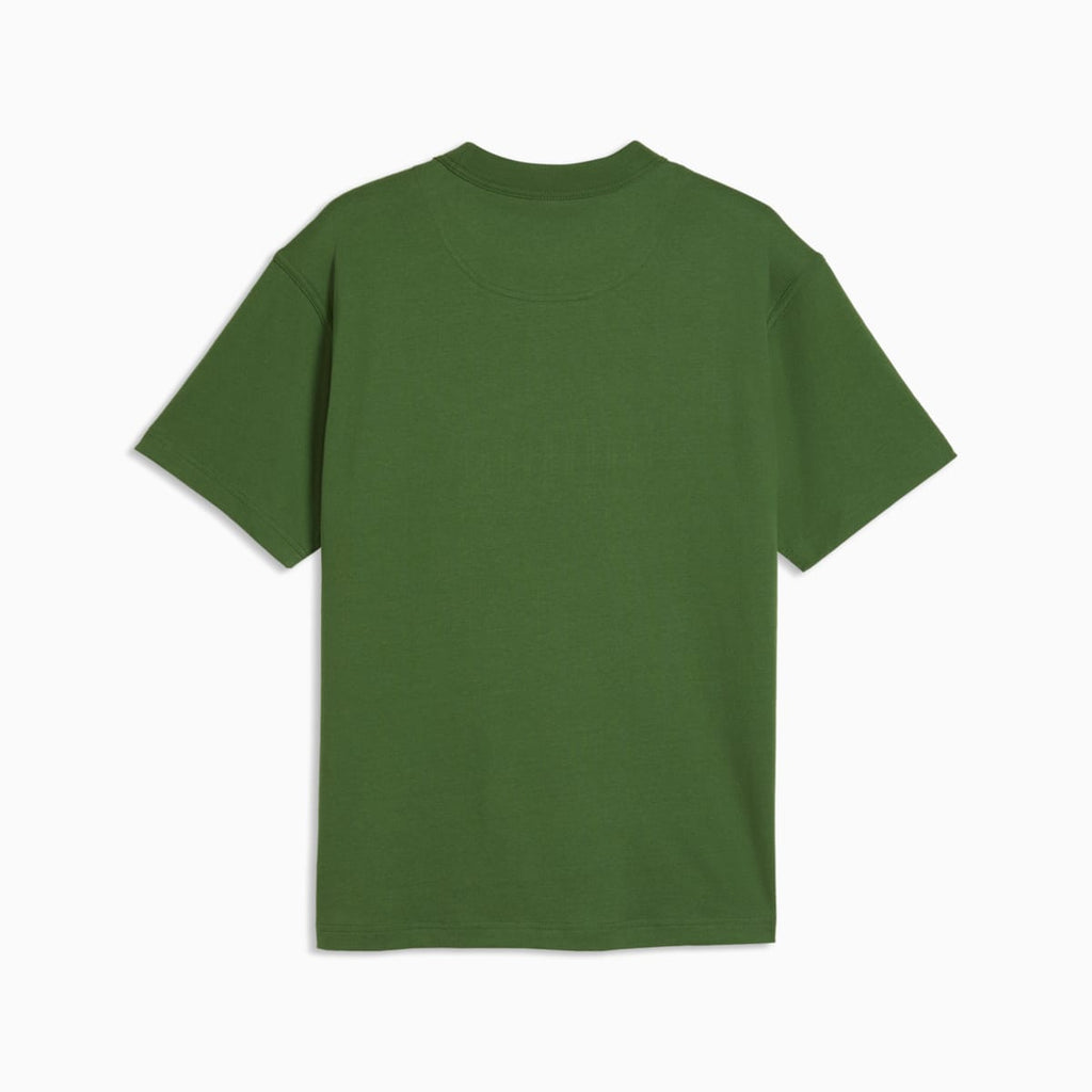 PUMA Elevated Essentials Men's Relaxed Tee - Earthy Green - back on white background