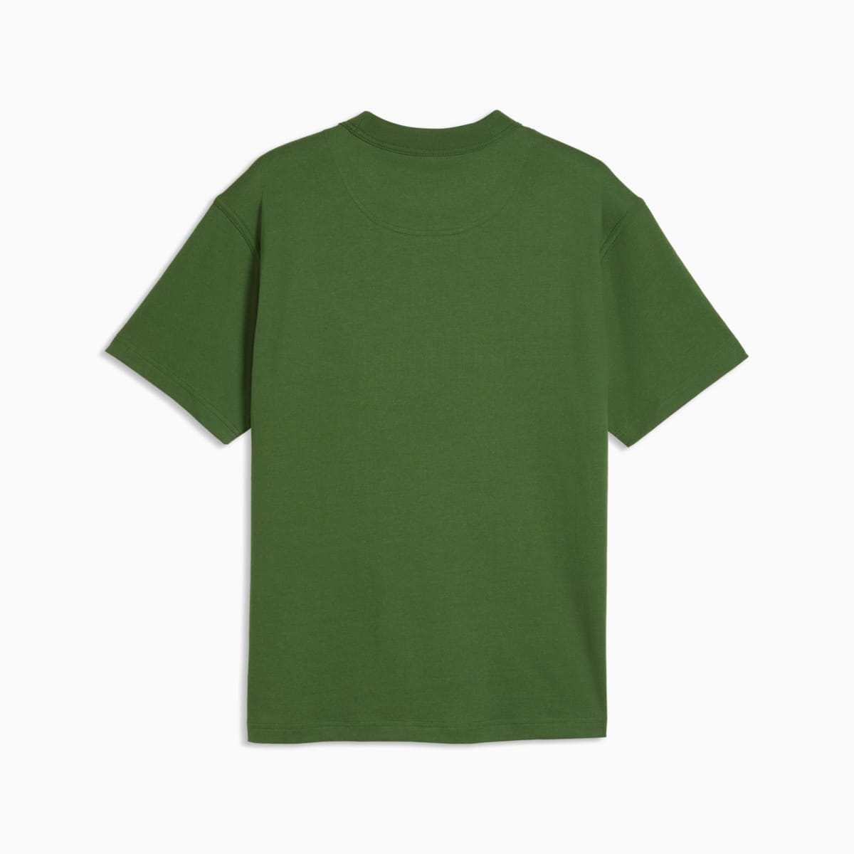 PUMA Elevated Essentials Men's Relaxed Tee - Earthy Green - back on white background