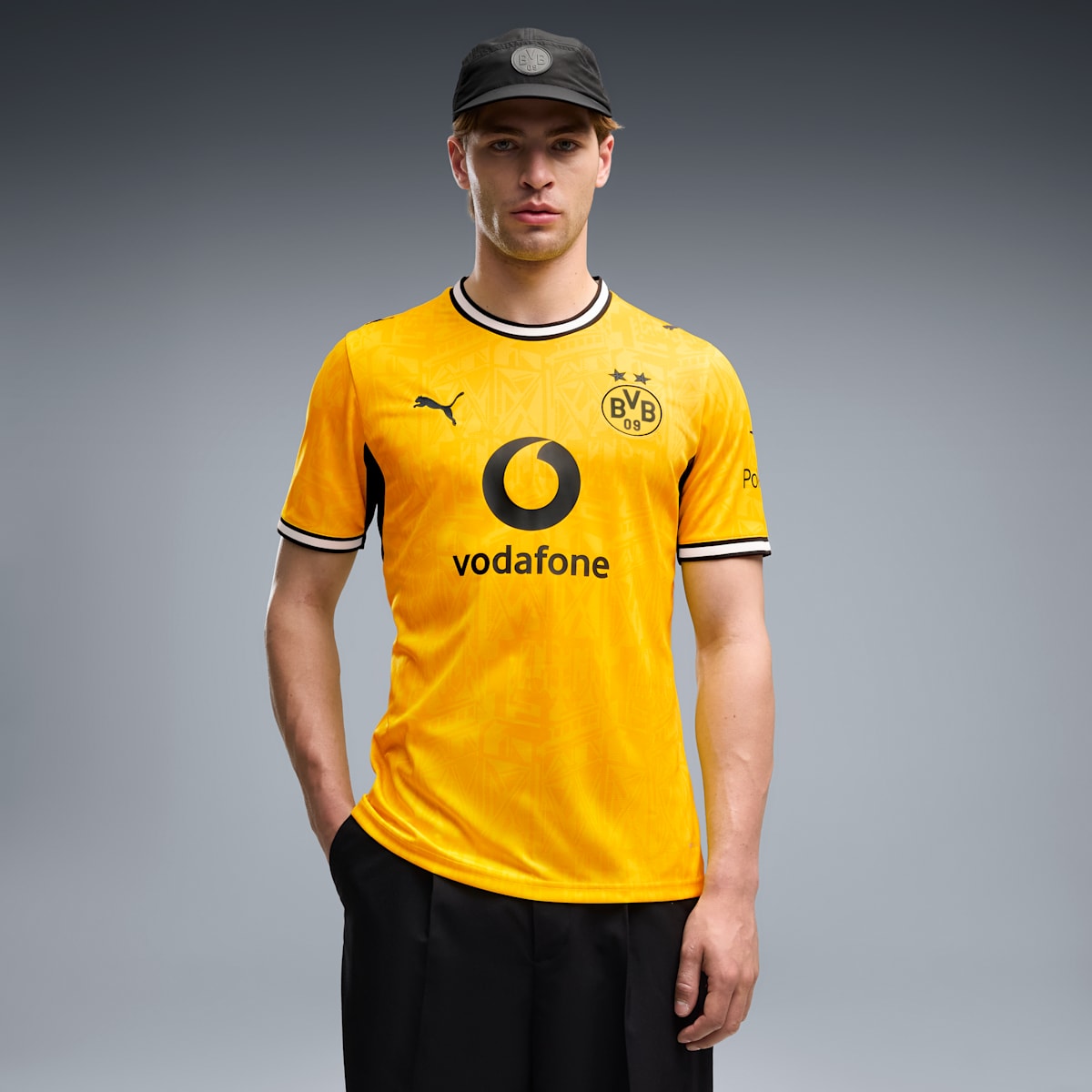 Borussia Dortmund Home Men's Soccer Jersey - Faster Yellow-PUMA Black - on model