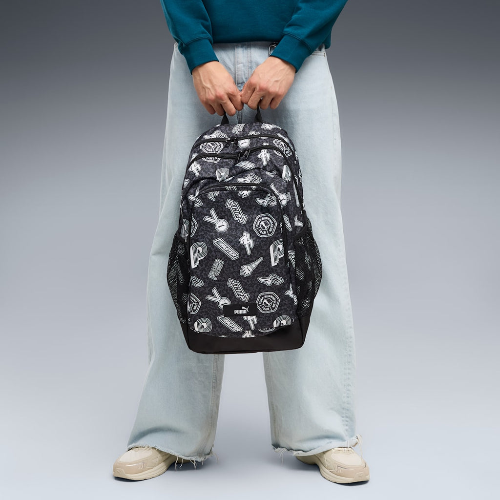 PUMA Academy 29L All-Over Print Backpack - PUMA Black-Running Icons AOP - Model view