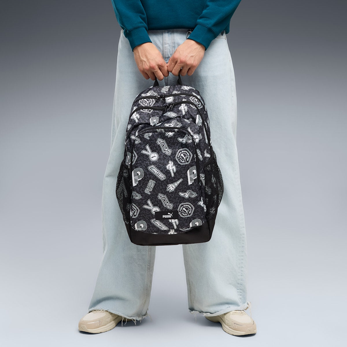 PUMA Academy 29L All-Over Print Backpack - PUMA Black-Running Icons AOP - Model view