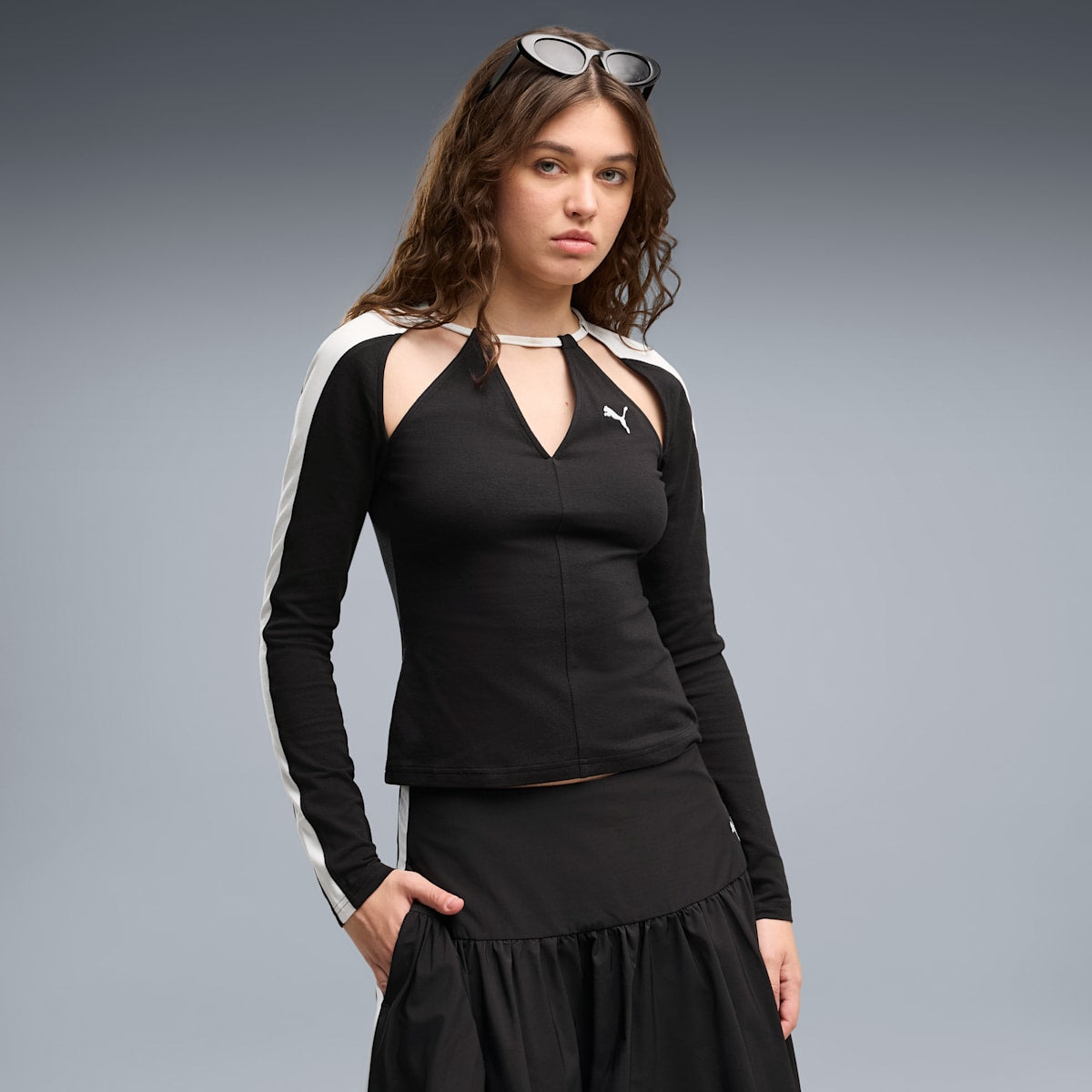 T7 Women's Slim Long Sleeve Cut-Out Tee - PUMA Black - on model