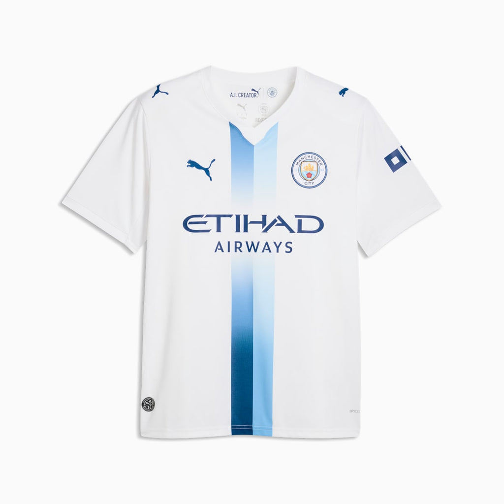 Manchester City Third Men's Soccer Jersey - PUMA White-Blazing Blue - front on white background