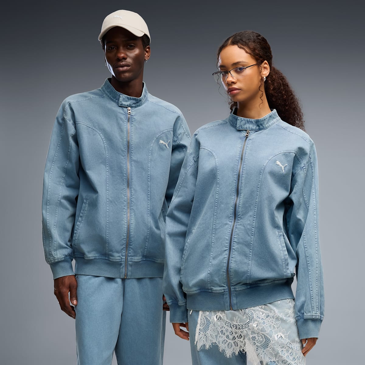 FUTURE.PUMA.ARCHIVE Relaxed Washed Twill T7 Track Jacket - Cool Blue - on model