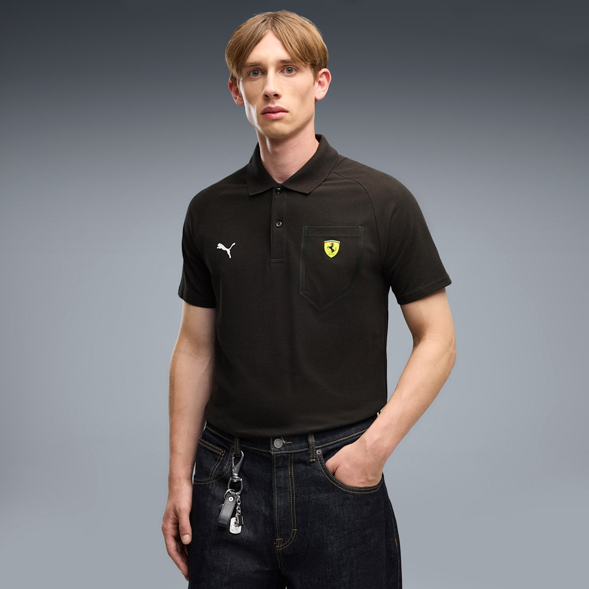 Scuderia Ferrari Tech Polo Men - PUMA Black - on model