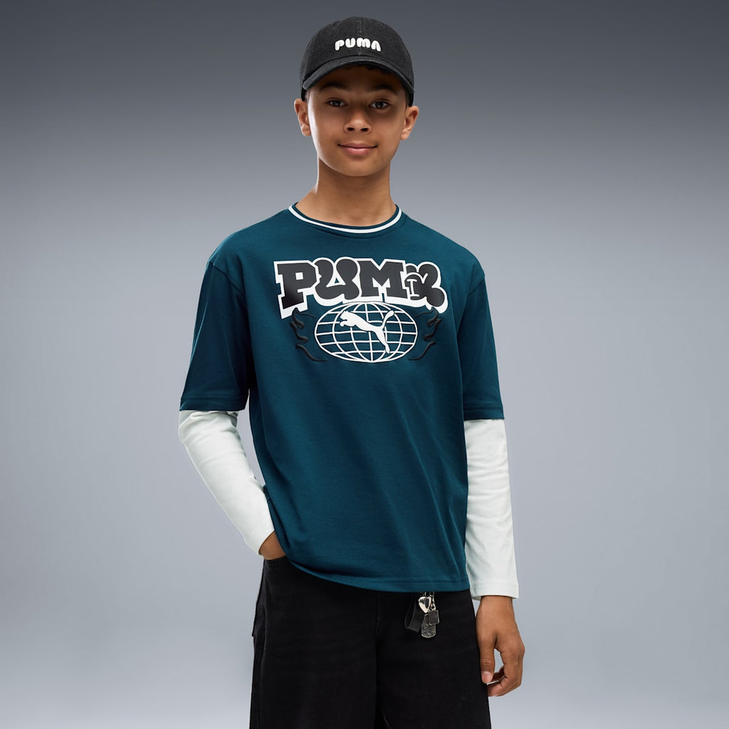 MID 90s Relaxed Layered Long Sleeve Tee Youth - Midnight Petrol - on model