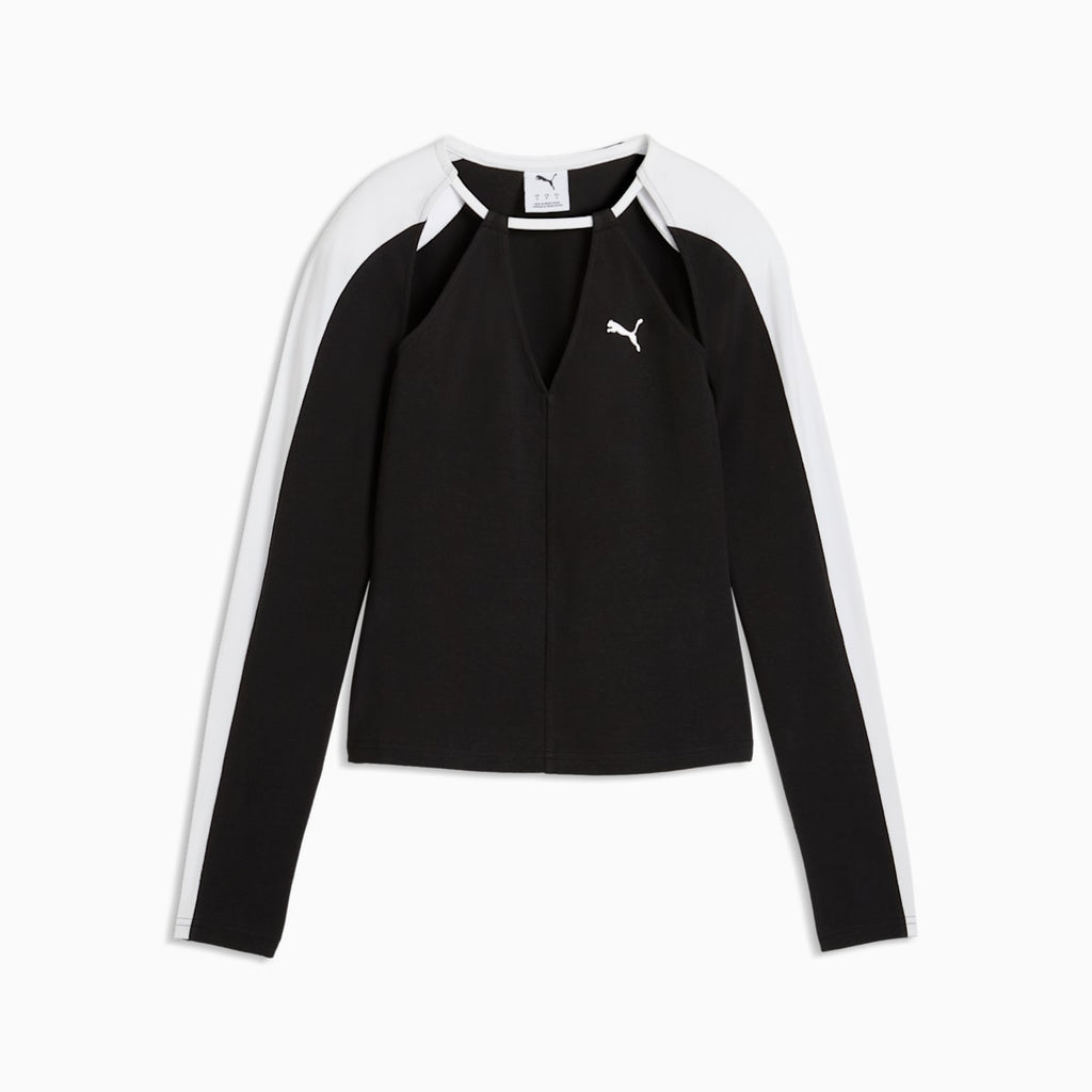 T7 Women's Slim Long Sleeve Cut-Out Tee - PUMA Black - front on white background