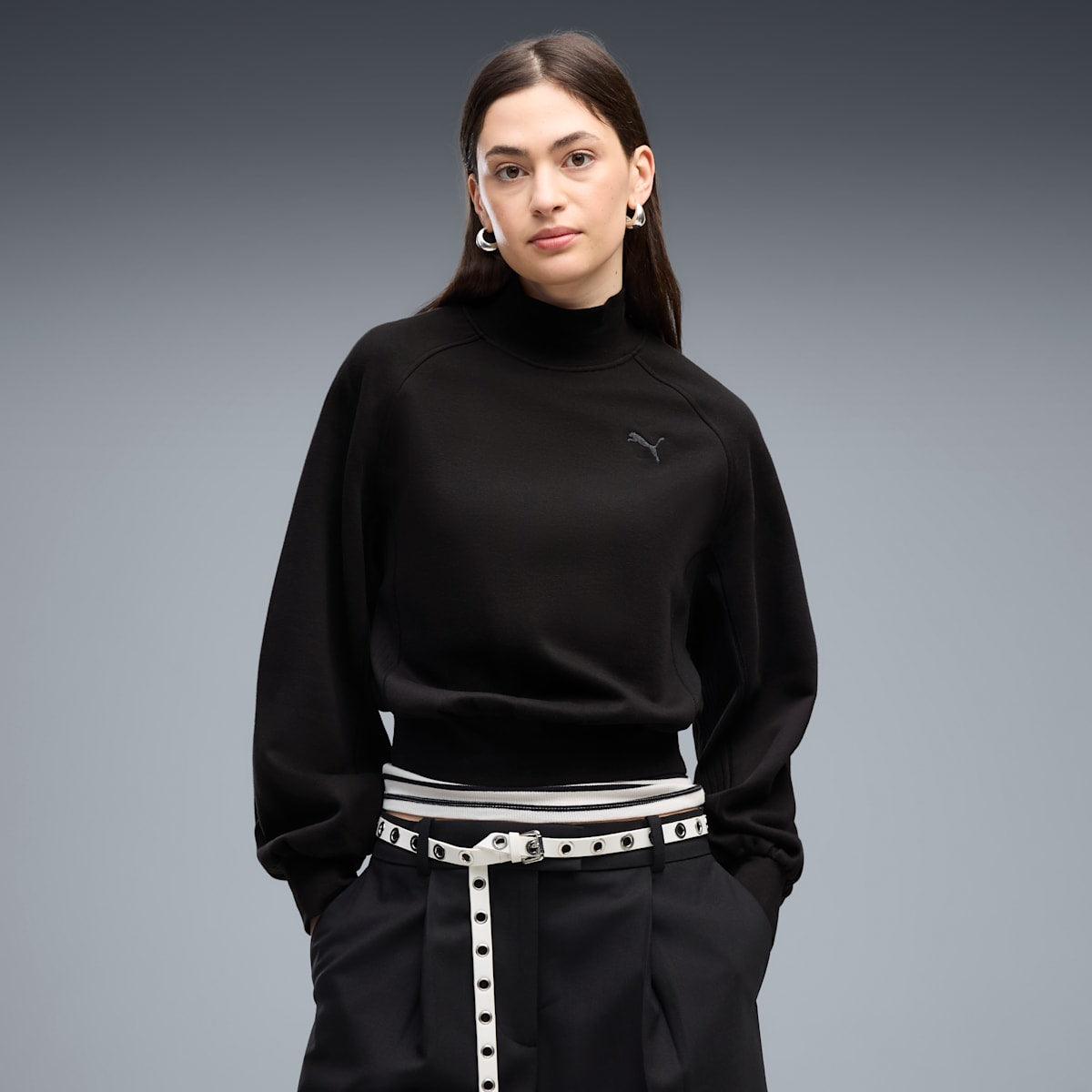 HER Relaxed Mock Neck Crew Sweatshirt Women - PUMA Black - on model