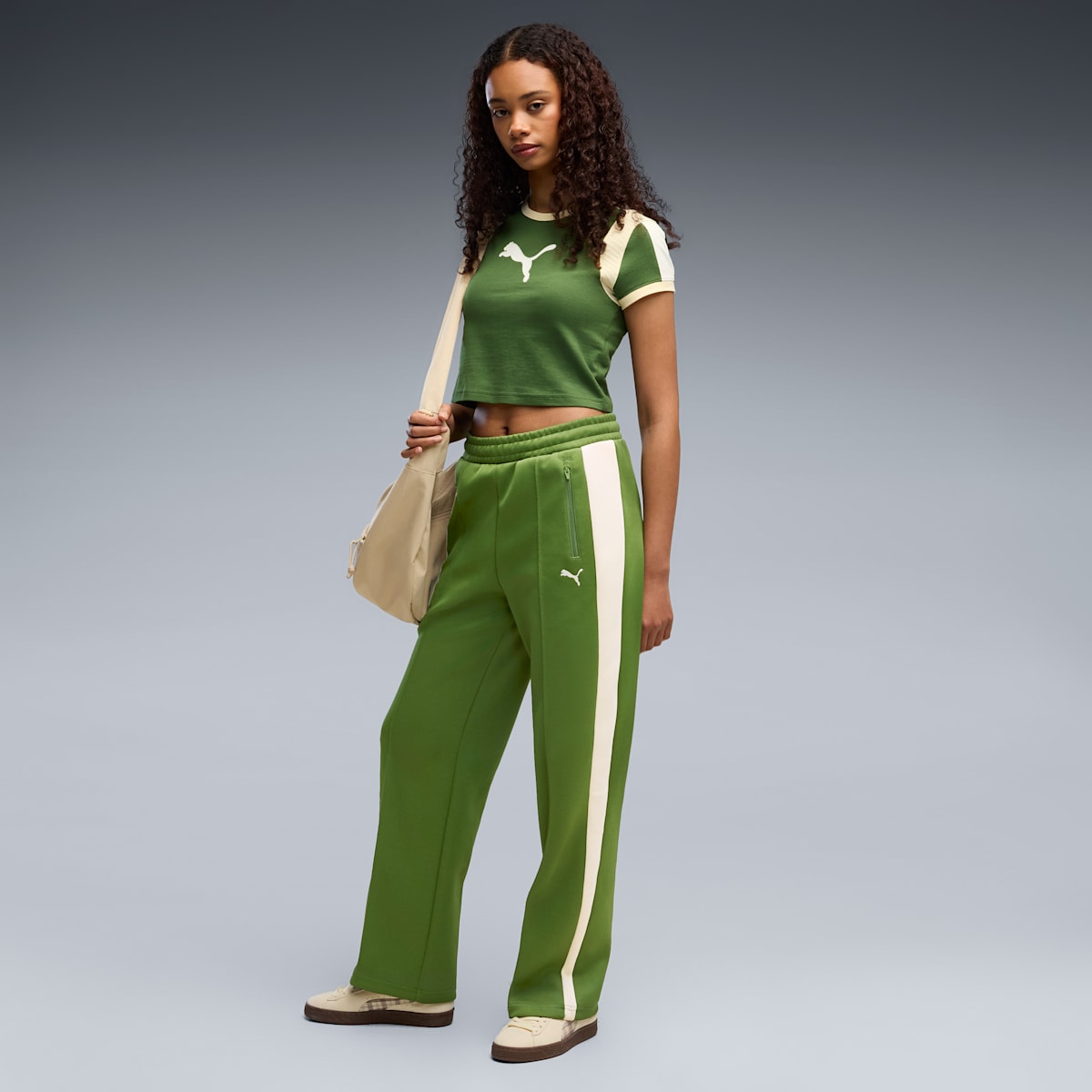 T7 Women's Straight Track Pants - Earthy Green-Buttercream - on model