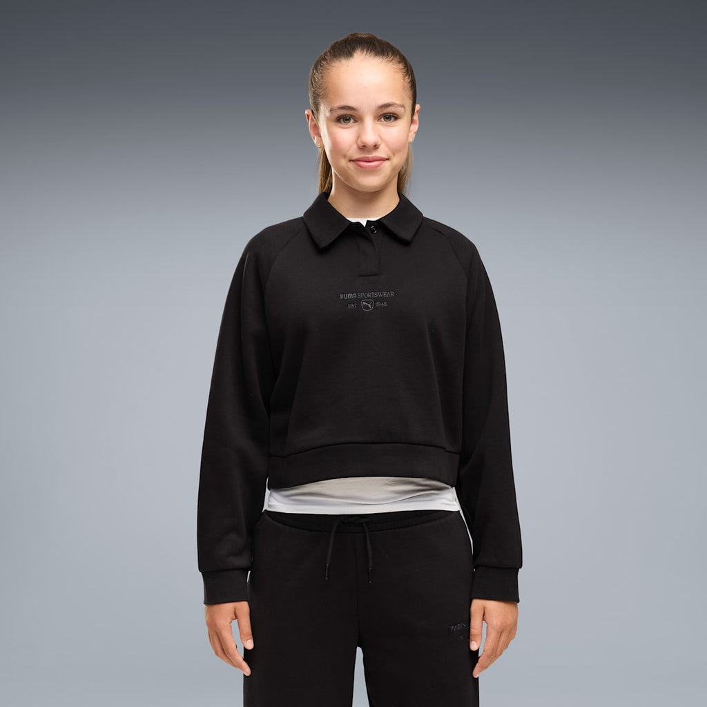 PUMA Class Relaxed Cropped Fleece Sweatshirt Youth - PUMA Black - on model