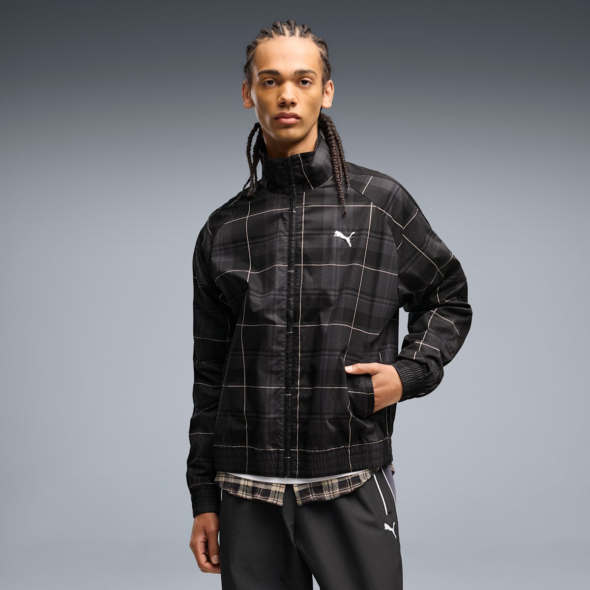 T7 Men's Relaxed Tartan T7 Track Jacket - PUMA Black - on model