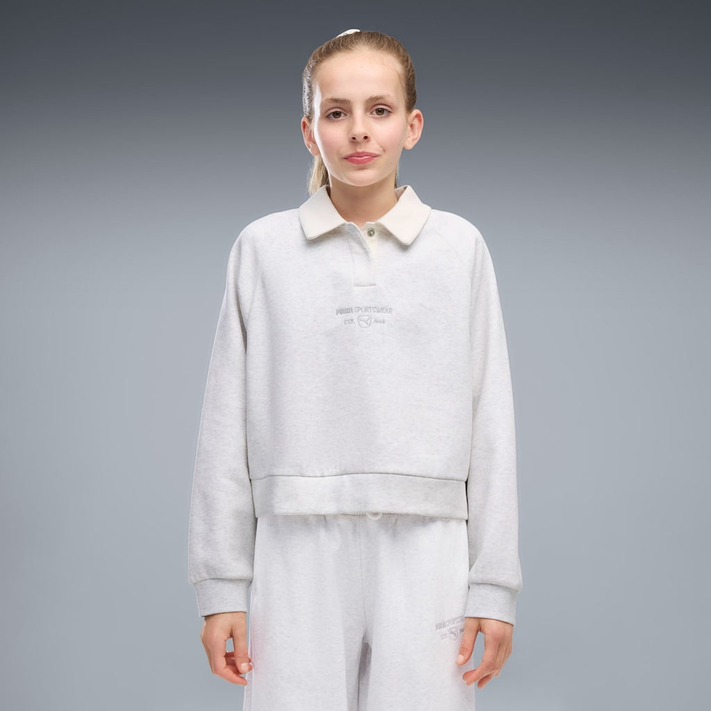 PUMA Class Relaxed Cropped Fleece Sweatshirt Youth - White Glow Heather - on model