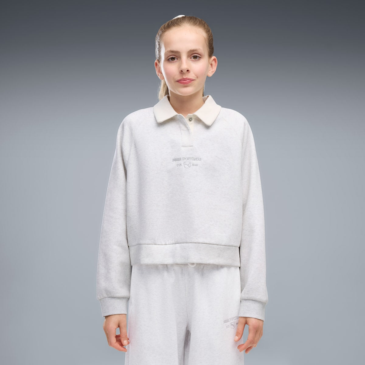 PUMA Class Relaxed Cropped Fleece Sweatshirt Youth - White Glow Heather - on model