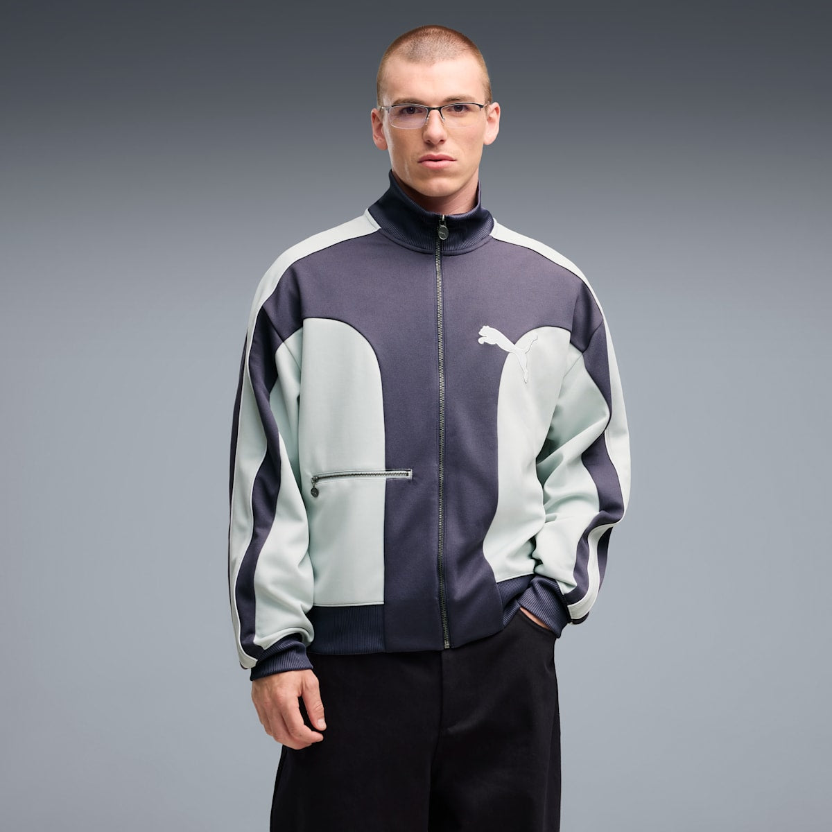 T7 Love Of The Cat Men's Relaxed T7 Track Jacket - Inky Depths-Créme De Mint - on model