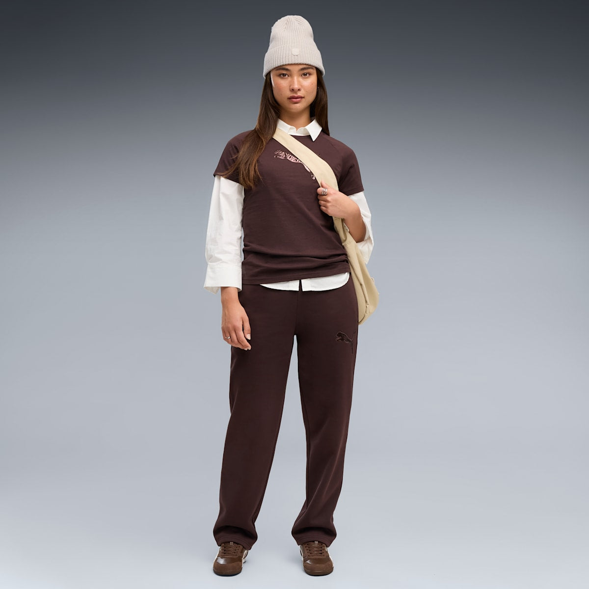 Essentials Sequins Fleece Comfort Pants Women - Chocolate Fondue - on model