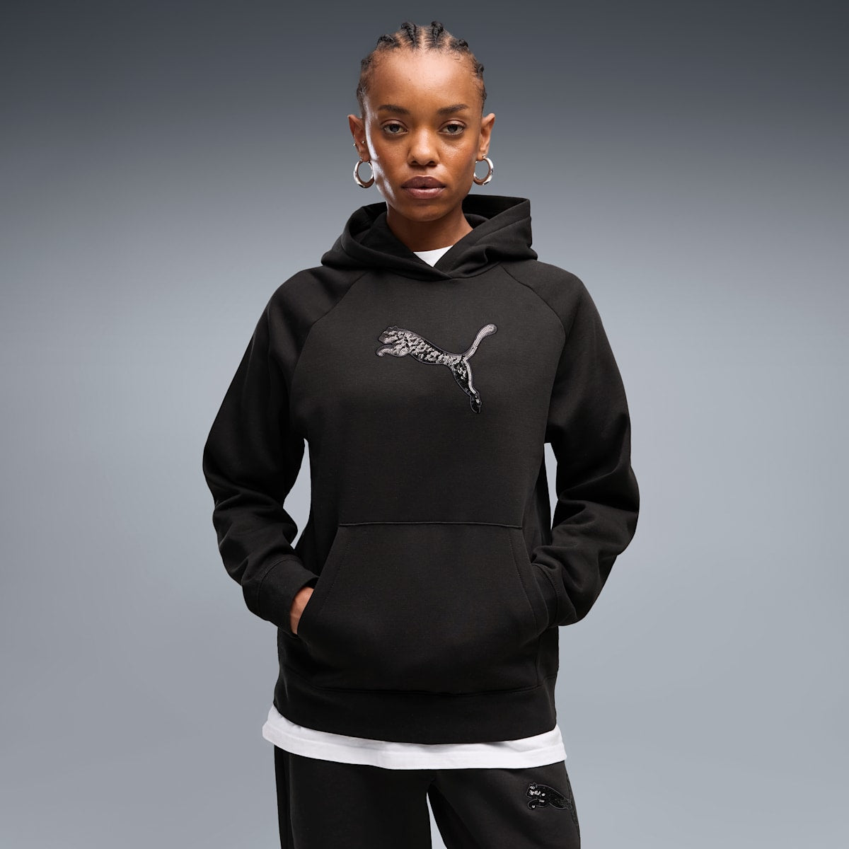 Essentials Women's Sequin Hoodie - PUMA Black - on model