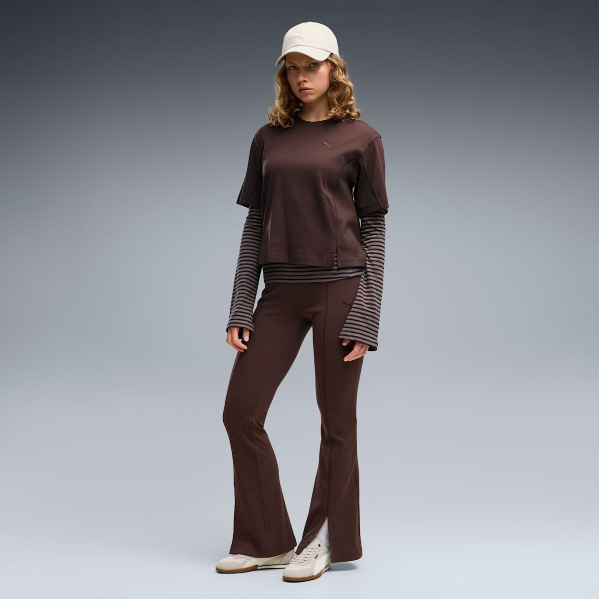 HER Women's Rib Flared Leggings - Chocolate Fondue - on model