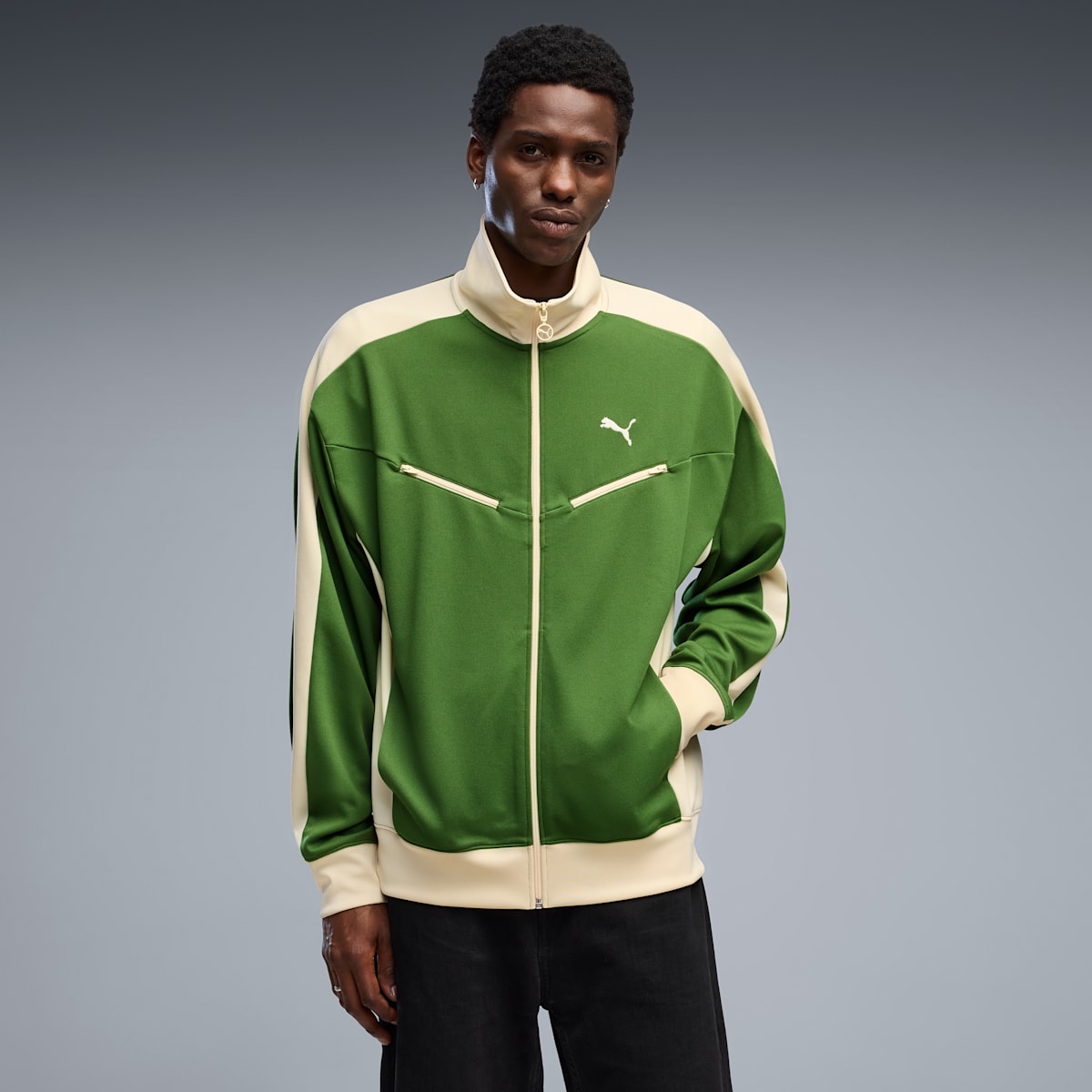 T7 Relaxed Retro Track Jacket Men - Earthy Green-Buttercream - on model