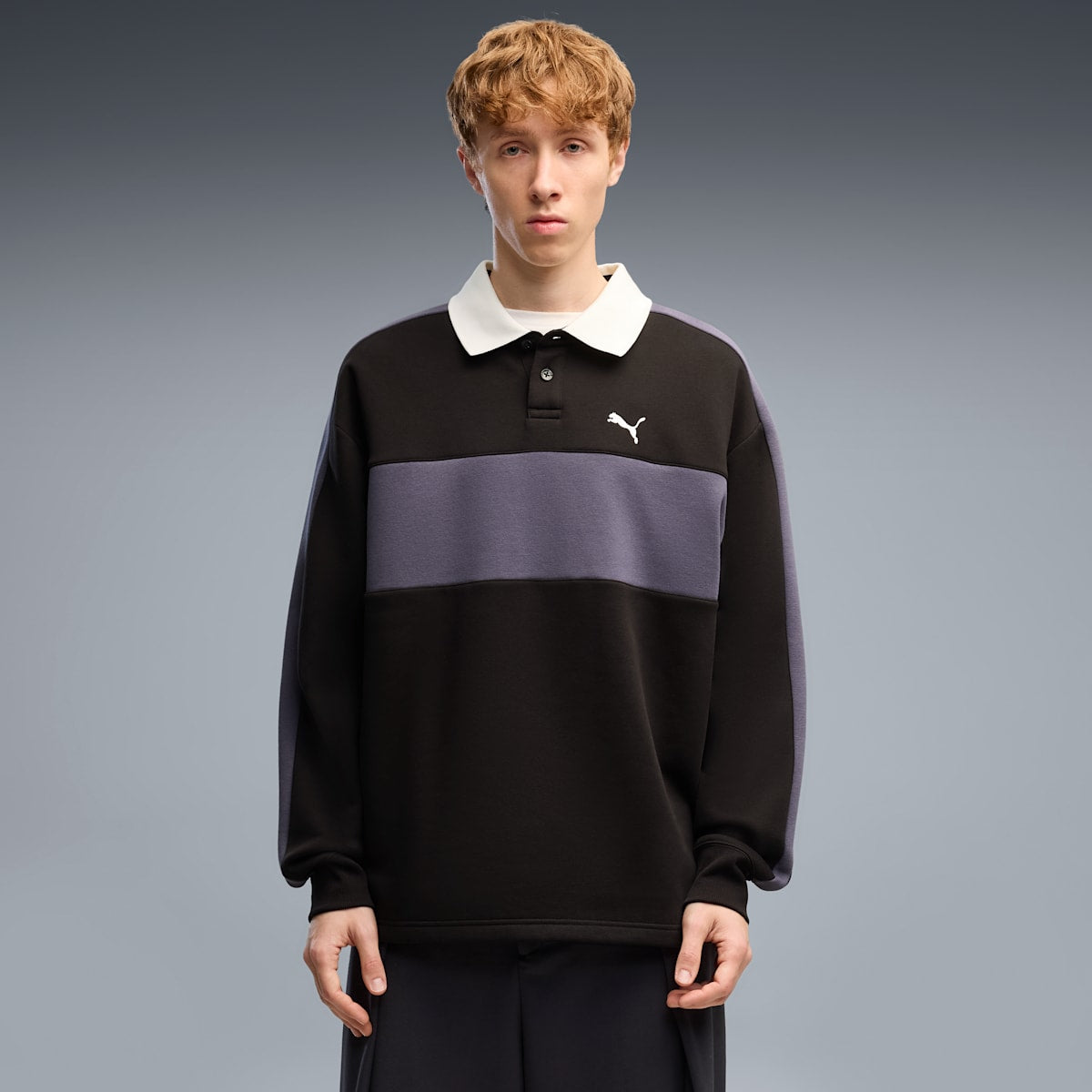T7 Men's Relaxed Polo Crew Neck Sweatshirt - PUMA Black - on model