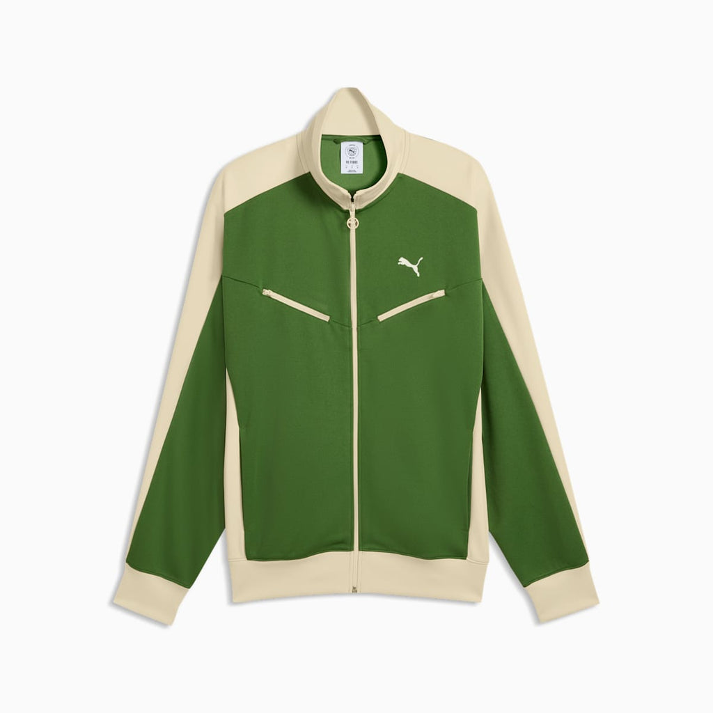 T7 Relaxed Retro Track Jacket Men - Earthy Green-Buttercream - front on white background