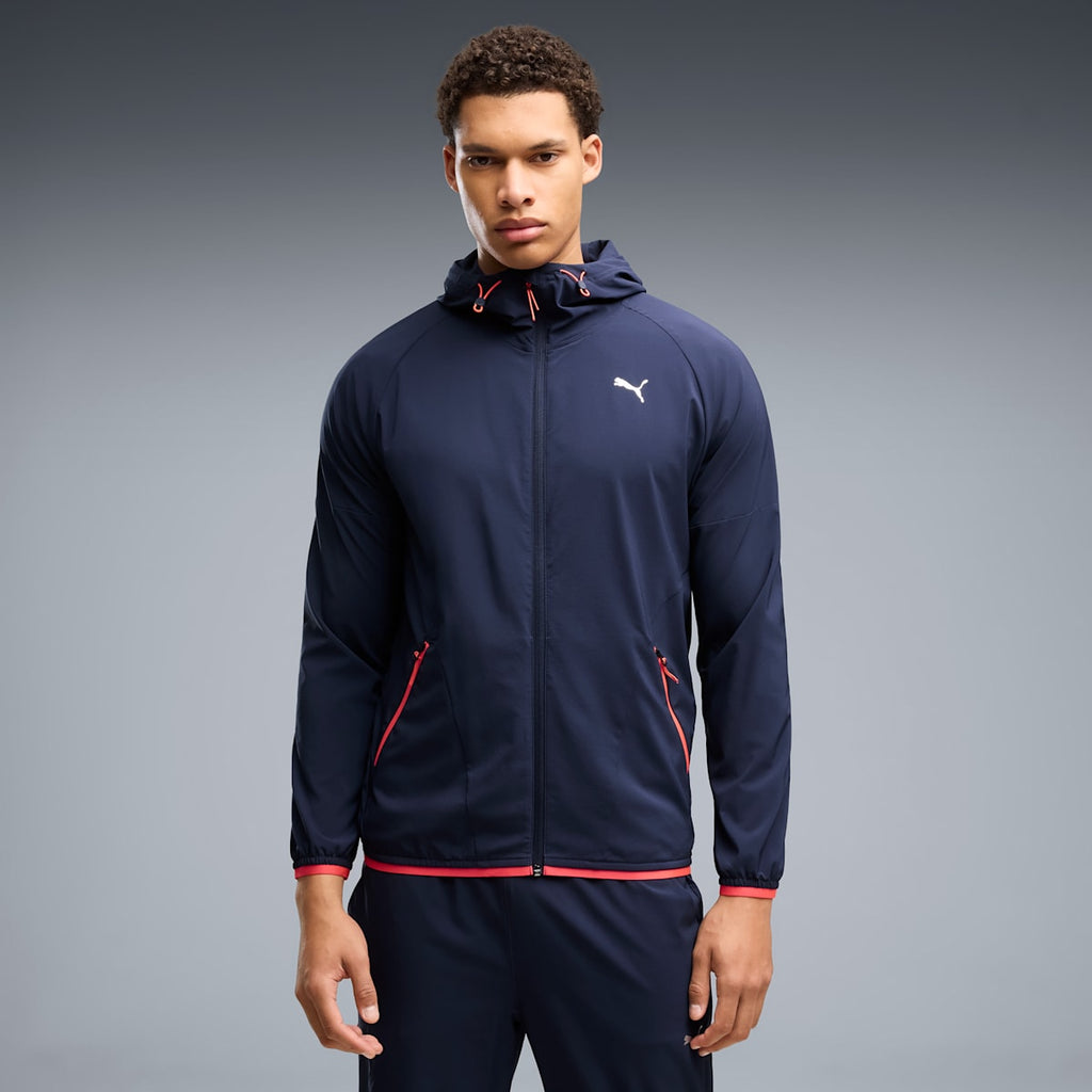 PWRTRAIN Stretch Woven Full-Zip Jacket Men - PUMA Navy - on model