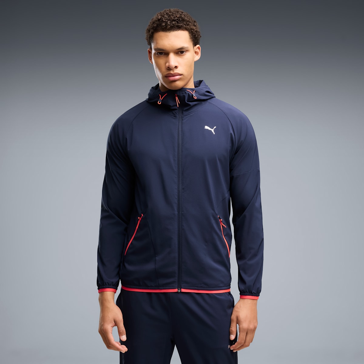 PWRTRAIN Stretch Woven Full-Zip Jacket Men - PUMA Navy - on model