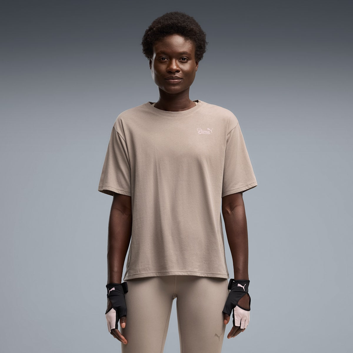 PUMA Women's Training T-Shirt - Mouse Gray - on model