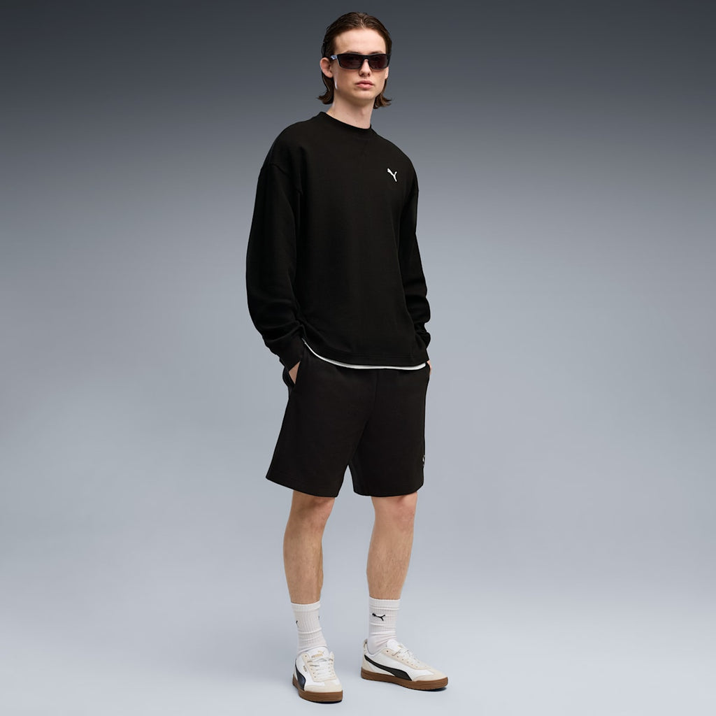 Essentials Elevated Relaxed Material Crew Sweatshirt Men - PUMA Black - on model