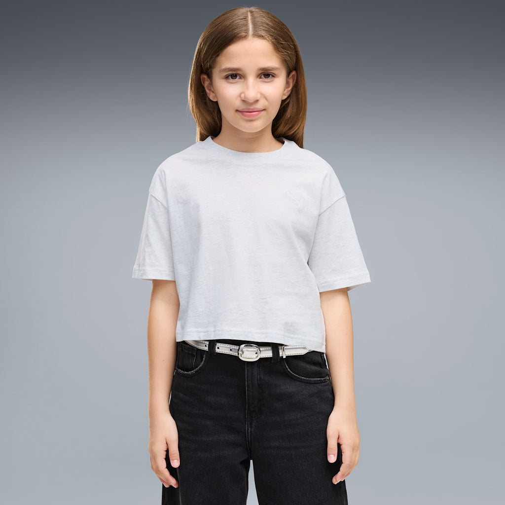 PUMA Class Relaxed Cropped Graphic Tee - Youth 8-16 years - White Glow Heather - on model