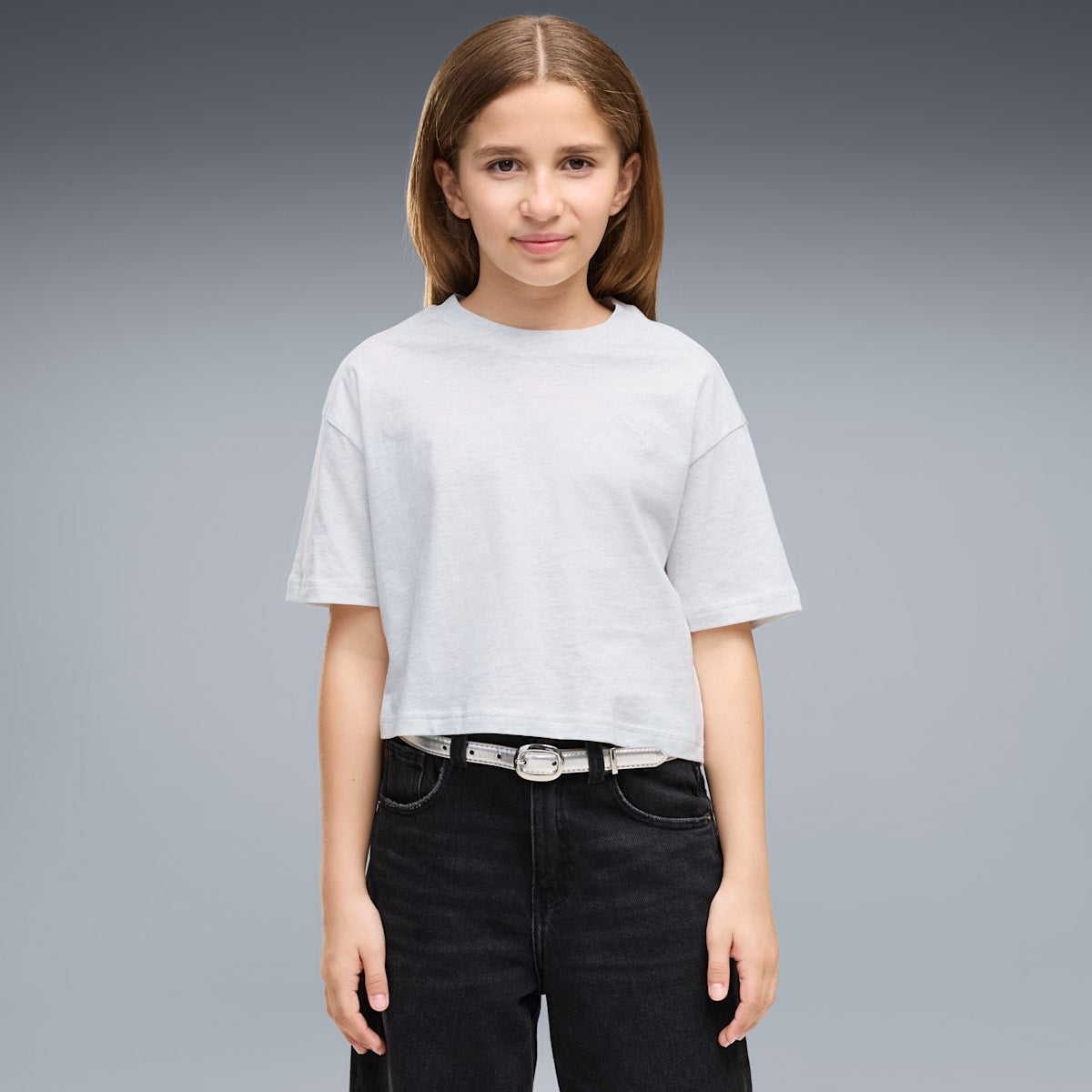 PUMA Class Relaxed Cropped Graphic Tee - Youth 8-16 years - White Glow Heather - on model